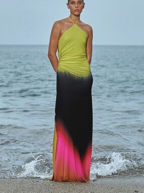 Baobab Blake Lime Green to Black Ombre Maxi Dress with Pink Accent